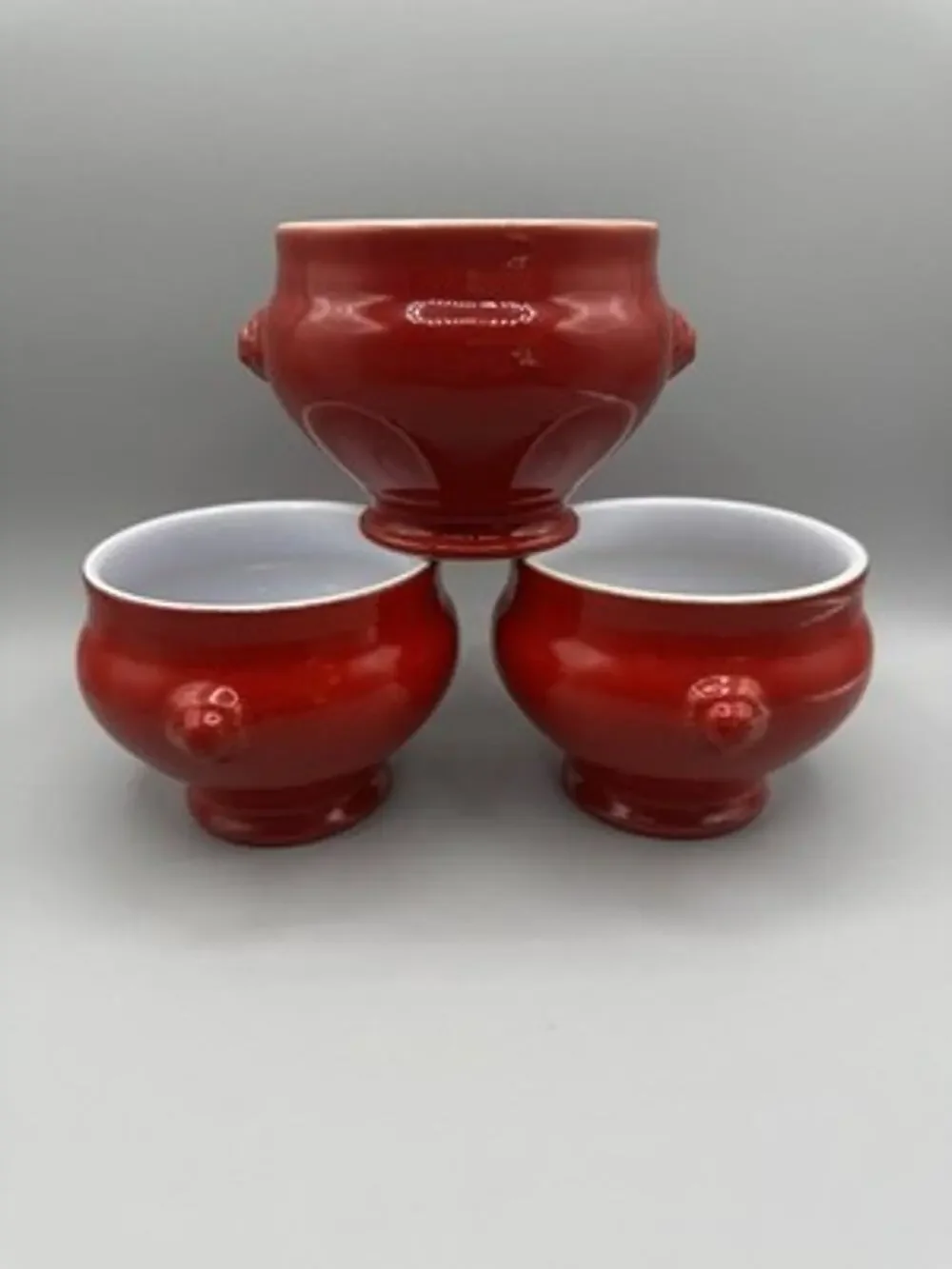 Set 3 Emile Henry Red White Lion Head Soup Stoneware 6600